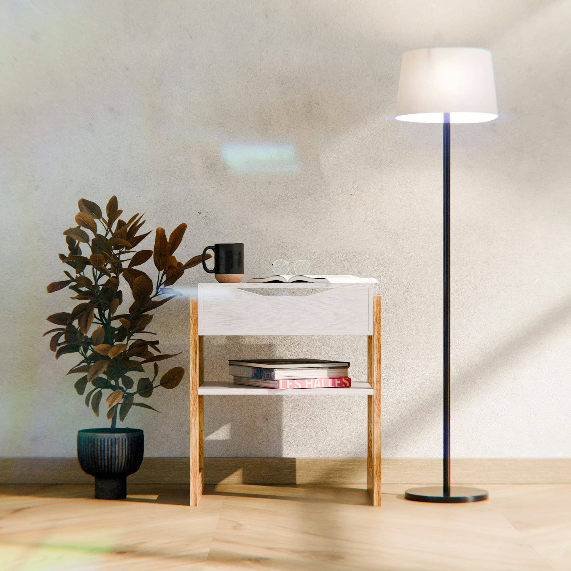 Home — plaster lamp, arched mirror and linen in soft light